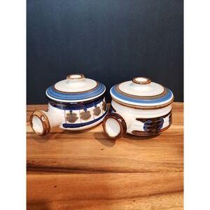 Vintage Korea Soup Crocks Pottery Pot w Handle Blue Green Set of 2 Ji Stonecrest